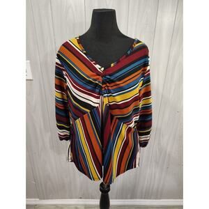 Goddess Shirt Multicolor Striped V Neck Tasseled Plus Long Sleeve Women's 1X